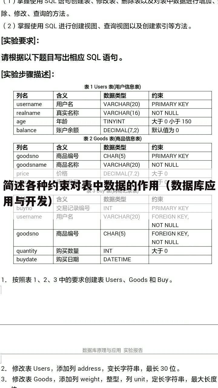 简述各种约束对表中数据的作用(数据库应用与开发)
