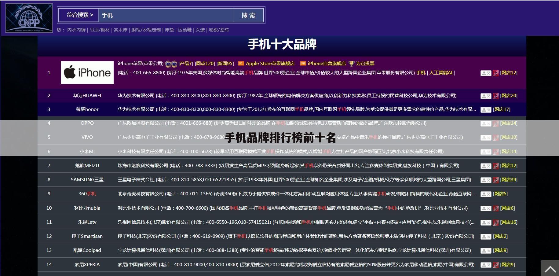手机品牌排行榜前十名
