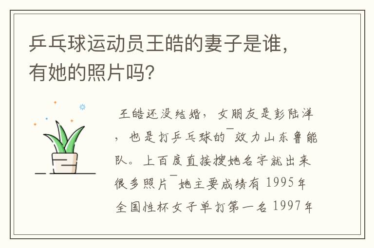 乒乓球运动员王皓的妻子是谁,有她的照片吗?