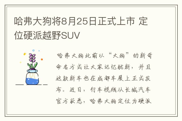 哈弗大狗将8月25日正式上市 定位硬派越野SUV