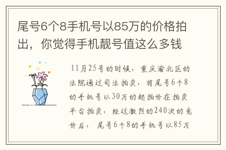 尾号6个8手机号以85万的价格拍出,你觉得手机靓号值这么多钱么?
