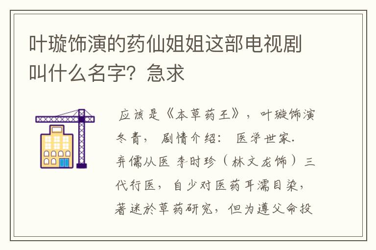叶璇饰演的药仙姐姐这部电视剧叫什么名字?急求