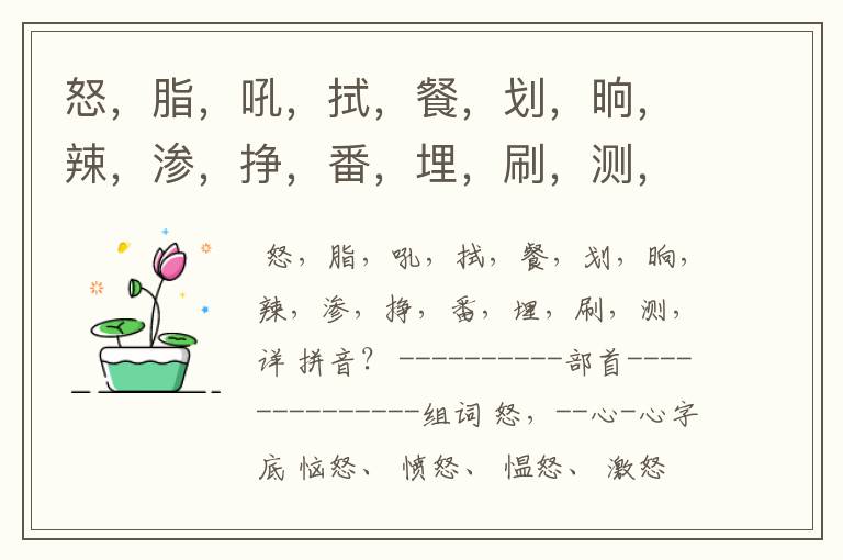 怒，脂，吼，拭，餐，划，晌，辣，渗，挣，番，埋，刷，测，详的组词和部首和拼音？