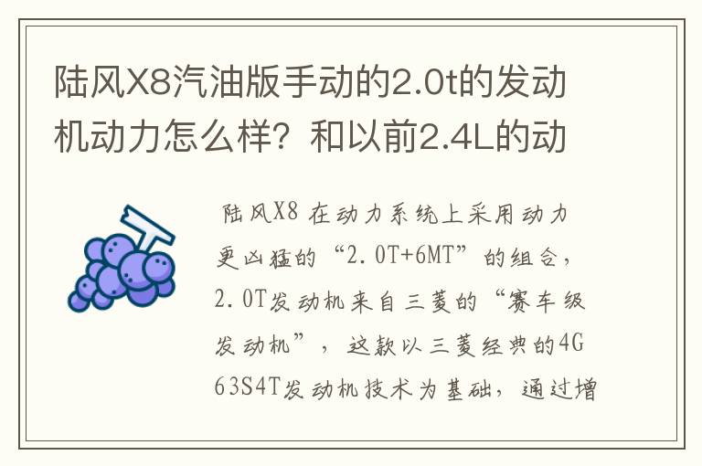 陆风X8汽油版手动的2.0t的发动机动力怎么样?和以前2.4L的动力哪个好?