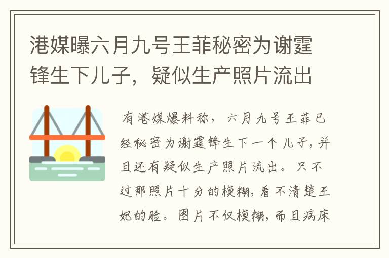 港媒曝六月九号王菲秘密为谢霆锋生下儿子，疑似生产照片流出