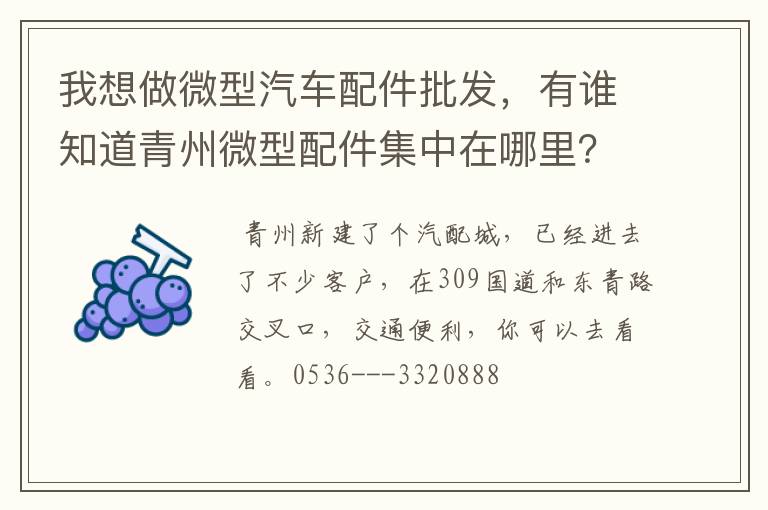 我想做微型汽车配件批发，有谁知道青州微型配件集中在哪里？我该怎么去找呢？