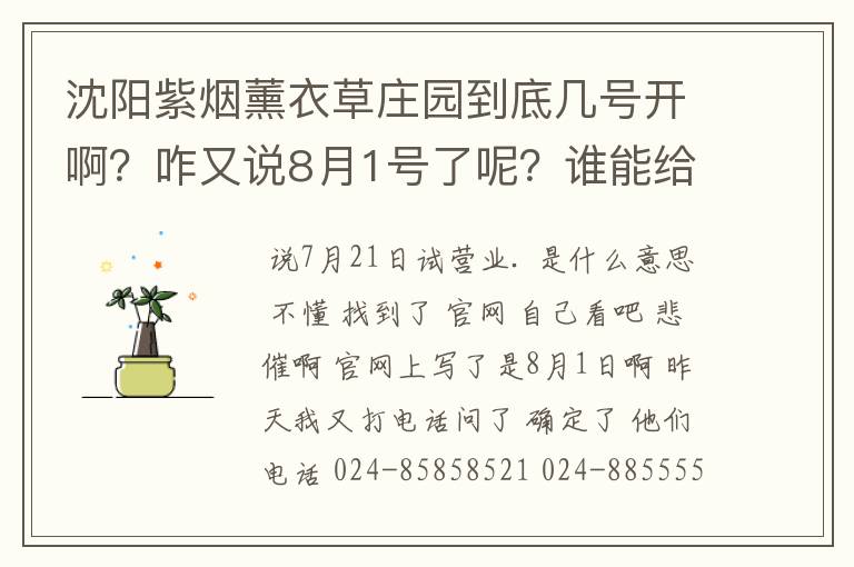 沈阳紫烟薰衣草庄园到底几号开啊？咋又说8月1号了呢？谁能给个准信儿呢~