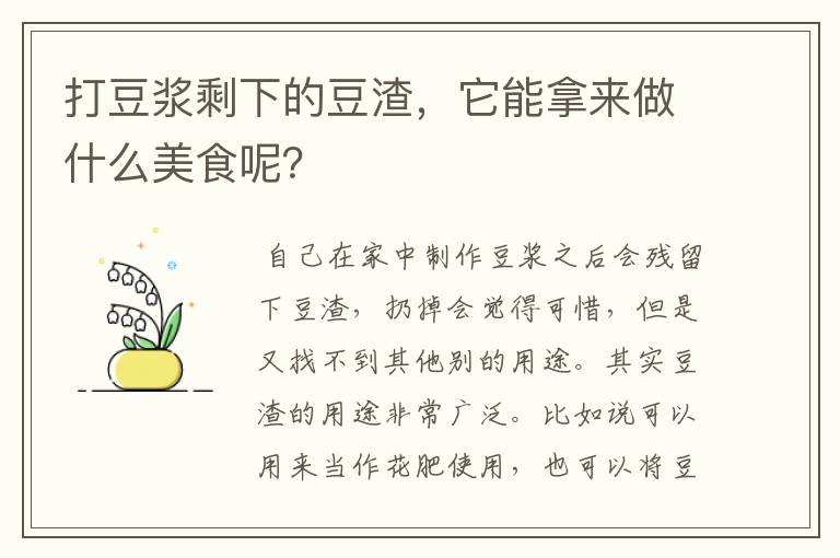打豆浆剩下的豆渣，它能拿来做什么美食呢？